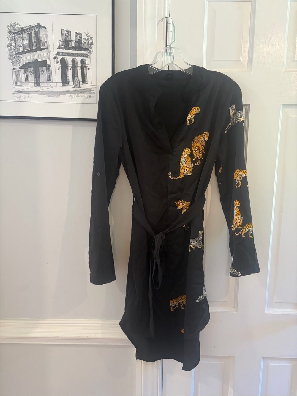Black Leopard-Print Wrap Trench Dress
